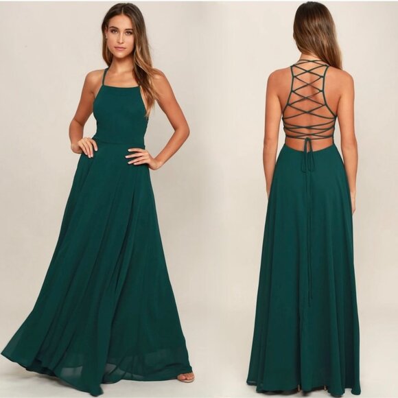 Lulus Strappy To Be Here Forest Green Lace-Up Maxi Dress Size Medium Formal Gown - Picture 1 of 16